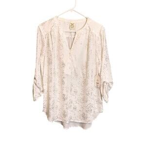Faded Glory Patterned Split V-Neck Roll-tab Sleeve Shiny Top Cream Large NWT